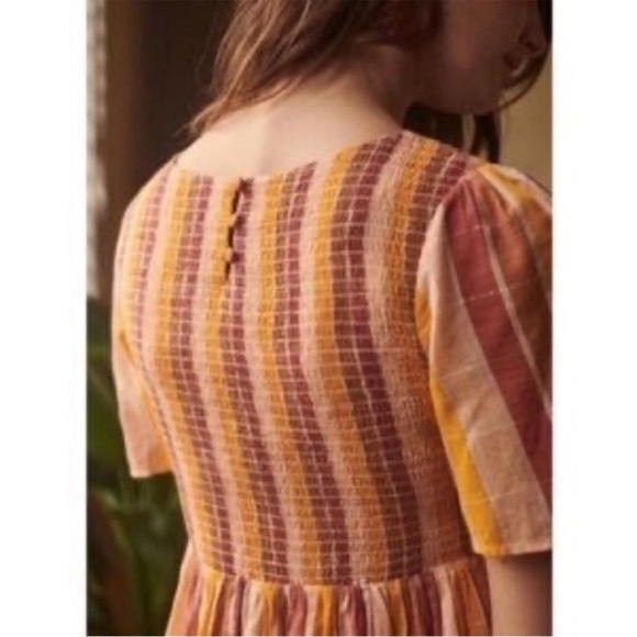 Sezane Magda Mini Dress Cotton Orange Pinstripe Smocked Metallic Sz 36 US S - Picture 5 of 16